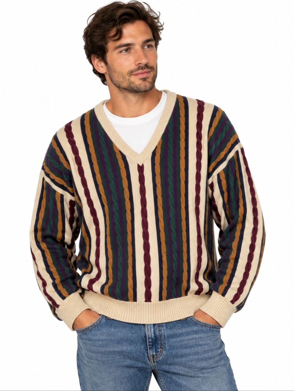 Byford V-Neck Sweater‎ M Multicolor Vintage Cable Knit Grandpacore 90s Retro